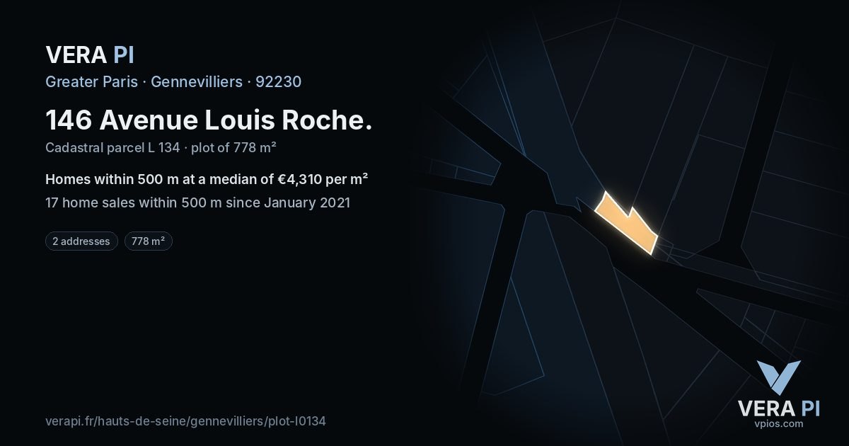 146 Avenue Louis Roche, Gennevilliers at night – the plot lit, the parcels around coloured by the prices near them