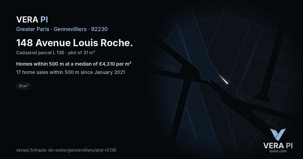 148 Avenue Louis Roche, Gennevilliers at night – the plot lit, the parcels around coloured by the prices near them