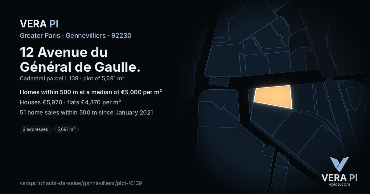 12 Avenue du Général de Gaulle, Gennevilliers at night – the plot lit, the parcels around coloured by the prices near them