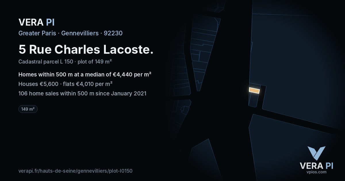 5 Rue Charles Lacoste, Gennevilliers at night – the plot lit, the parcels around coloured by the prices near them