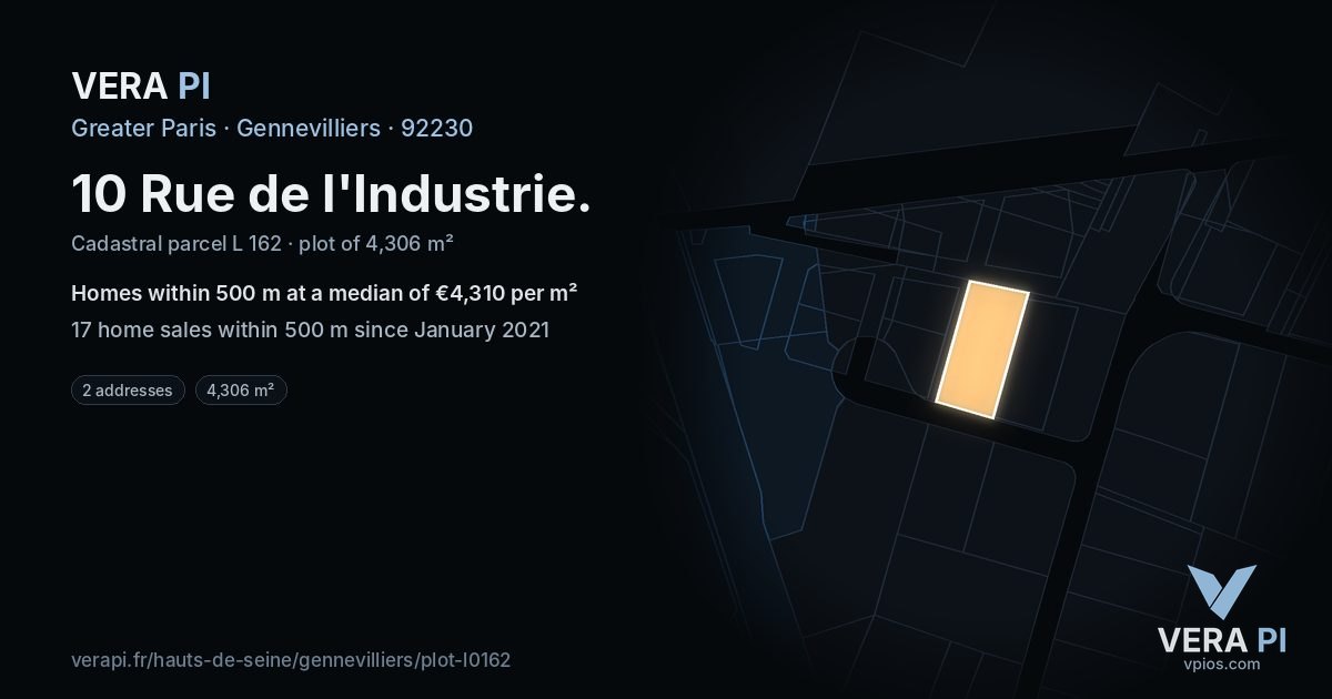 10 Rue de l'Industrie, Gennevilliers at night – the plot lit, the parcels around coloured by the prices near them