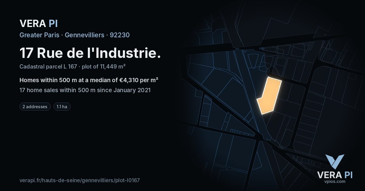 17 Rue de l'Industrie, Gennevilliers at night – the plot lit, the parcels around coloured by the prices near them