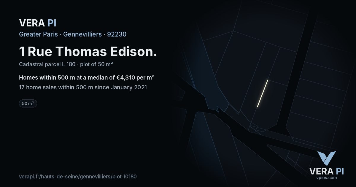 1 Rue Thomas Edison, Gennevilliers at night – the plot lit, the parcels around coloured by the prices near them