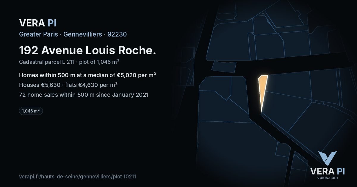 192 Avenue Louis Roche, Gennevilliers at night – the plot lit, the parcels around coloured by the prices near them