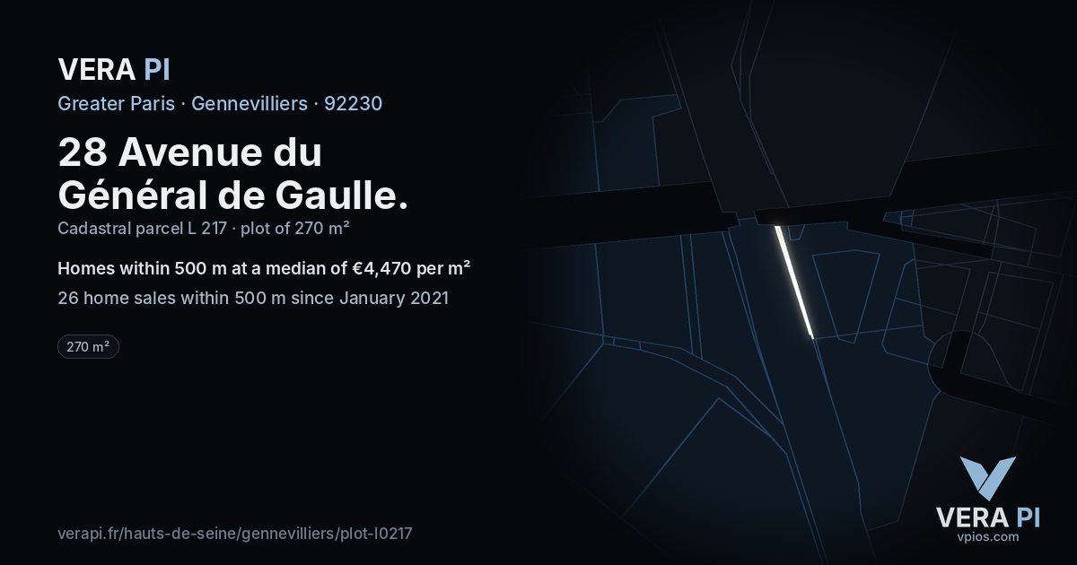 28 Avenue du Général de Gaulle, Gennevilliers at night – the plot lit, the parcels around coloured by the prices near them