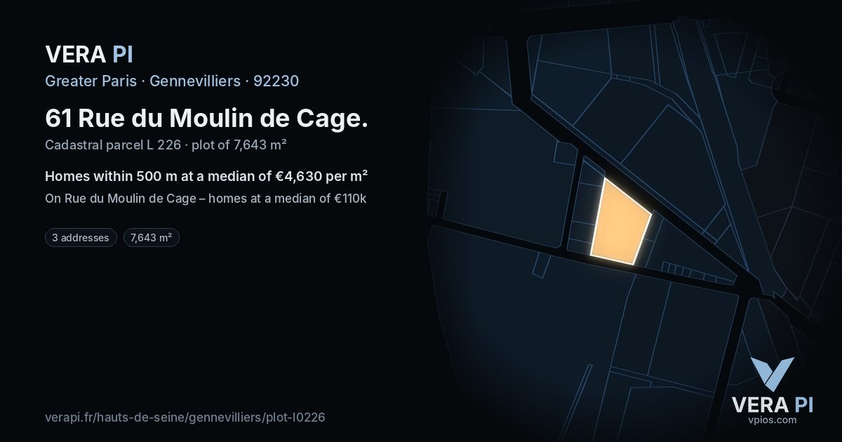 61 Rue du Moulin de Cage, Gennevilliers at night – the plot lit, the parcels around coloured by the prices near them