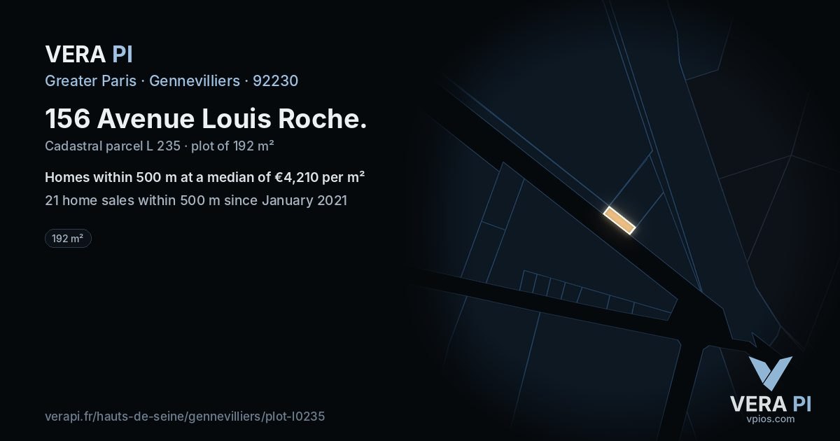 156 Avenue Louis Roche, Gennevilliers at night – the plot lit, the parcels around coloured by the prices near them