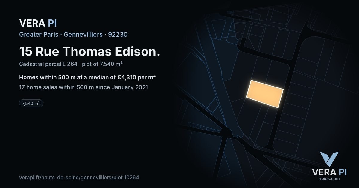 15 Rue Thomas Edison, Gennevilliers at night – the plot lit, the parcels around coloured by the prices near them