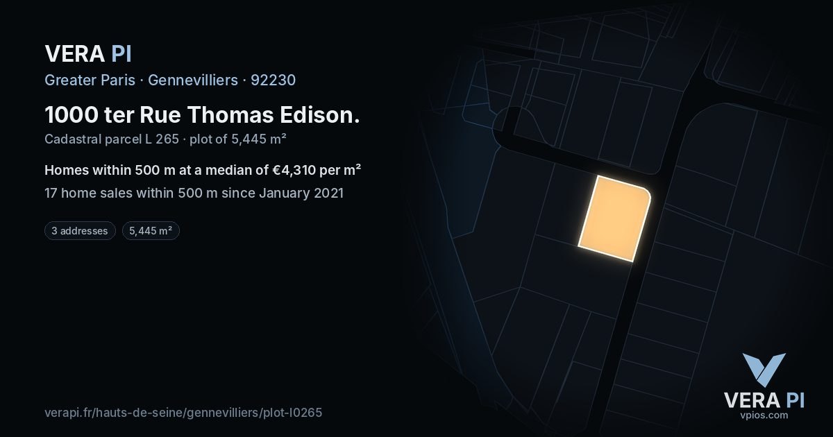 1000 ter Rue Thomas Edison, Gennevilliers at night – the plot lit, the parcels around coloured by the prices near them