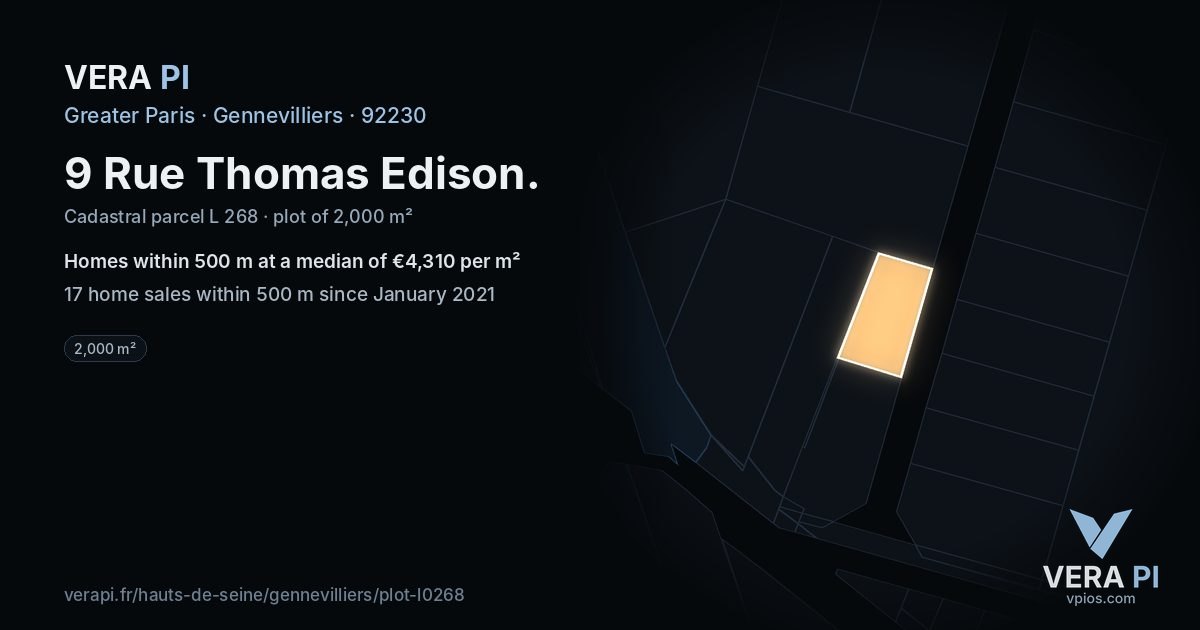 9 Rue Thomas Edison, Gennevilliers at night – the plot lit, the parcels around coloured by the prices near them