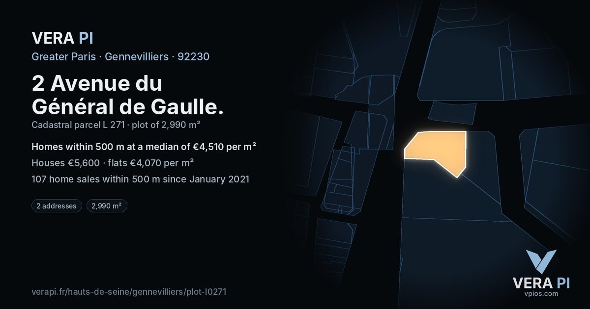 2 Avenue du Général de Gaulle, Gennevilliers at night – the plot lit, the parcels around coloured by the prices near them