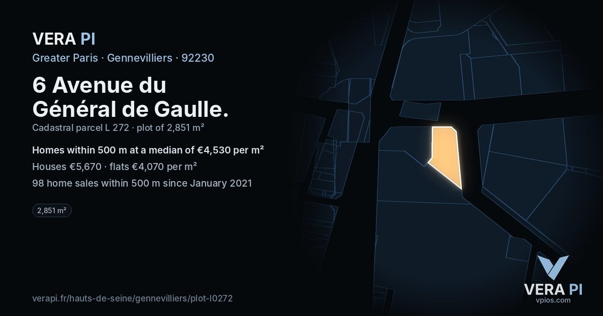 6 Avenue du Général de Gaulle, Gennevilliers at night – the plot lit, the parcels around coloured by the prices near them