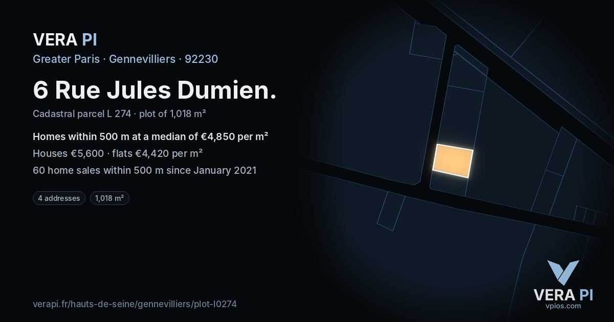 6 Rue Jules Dumien, Gennevilliers at night – the plot lit, the parcels around coloured by the prices near them