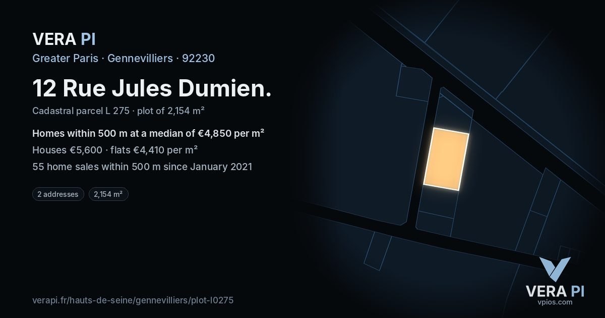 12 Rue Jules Dumien, Gennevilliers at night – the plot lit, the parcels around coloured by the prices near them