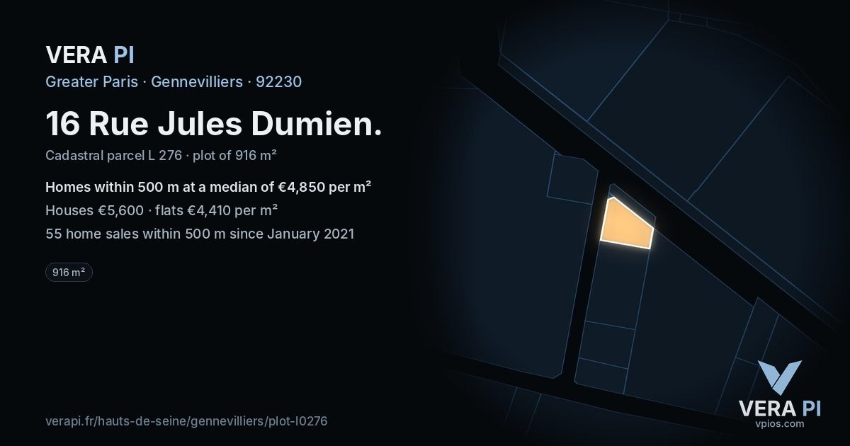 16 Rue Jules Dumien, Gennevilliers at night – the plot lit, the parcels around coloured by the prices near them