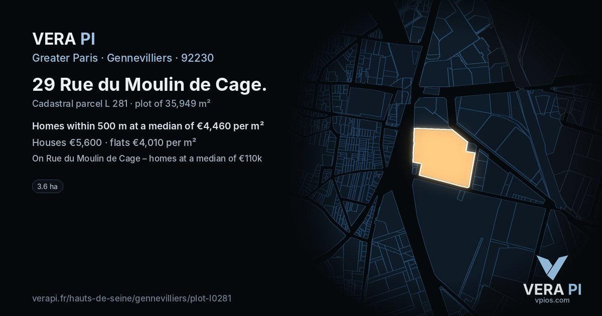 29 Rue du Moulin de Cage, Gennevilliers at night – the plot lit, the parcels around coloured by the prices near them
