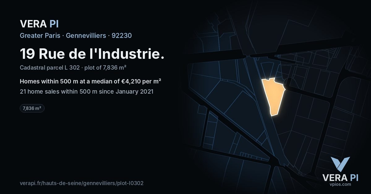 19 Rue de l'Industrie, Gennevilliers at night – the plot lit, the parcels around coloured by the prices near them