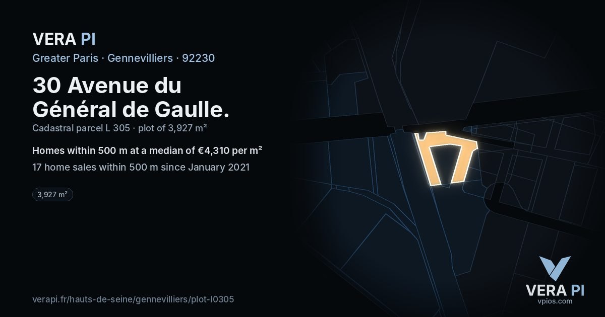 30 Avenue du Général de Gaulle, Gennevilliers at night – the plot lit, the parcels around coloured by the prices near them