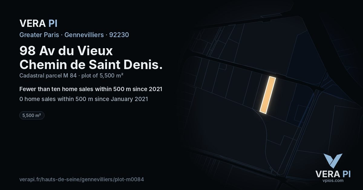 98 Av du Vieux Chemin de Saint Denis, Gennevilliers at night – the plot lit, the parcels around coloured by the prices near them