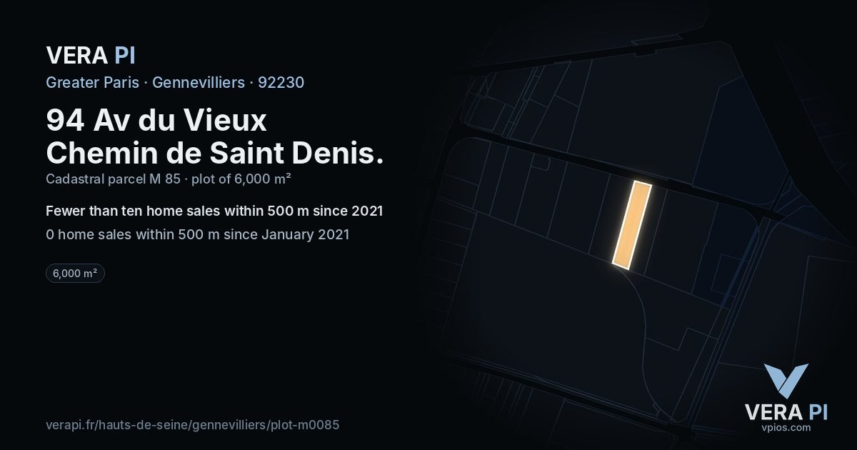 94 Av du Vieux Chemin de Saint Denis, Gennevilliers at night – the plot lit, the parcels around coloured by the prices near them