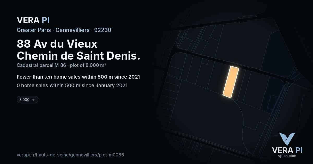 88 Av du Vieux Chemin de Saint Denis, Gennevilliers at night – the plot lit, the parcels around coloured by the prices near them