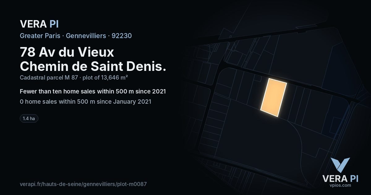 78 Av du Vieux Chemin de Saint Denis, Gennevilliers at night – the plot lit, the parcels around coloured by the prices near them
