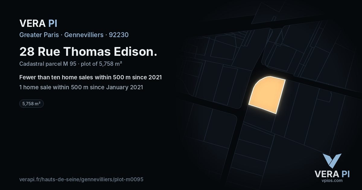 28 Rue Thomas Edison, Gennevilliers at night – the plot lit, the parcels around coloured by the prices near them