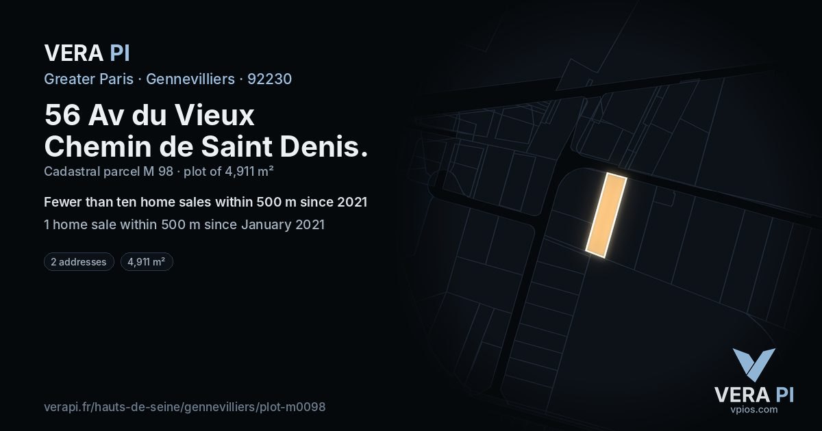 56 Av du Vieux Chemin de Saint Denis, Gennevilliers at night – the plot lit, the parcels around coloured by the prices near them