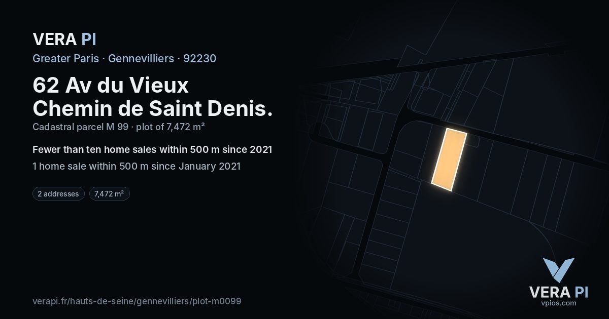 62 Av du Vieux Chemin de Saint Denis, Gennevilliers at night – the plot lit, the parcels around coloured by the prices near them