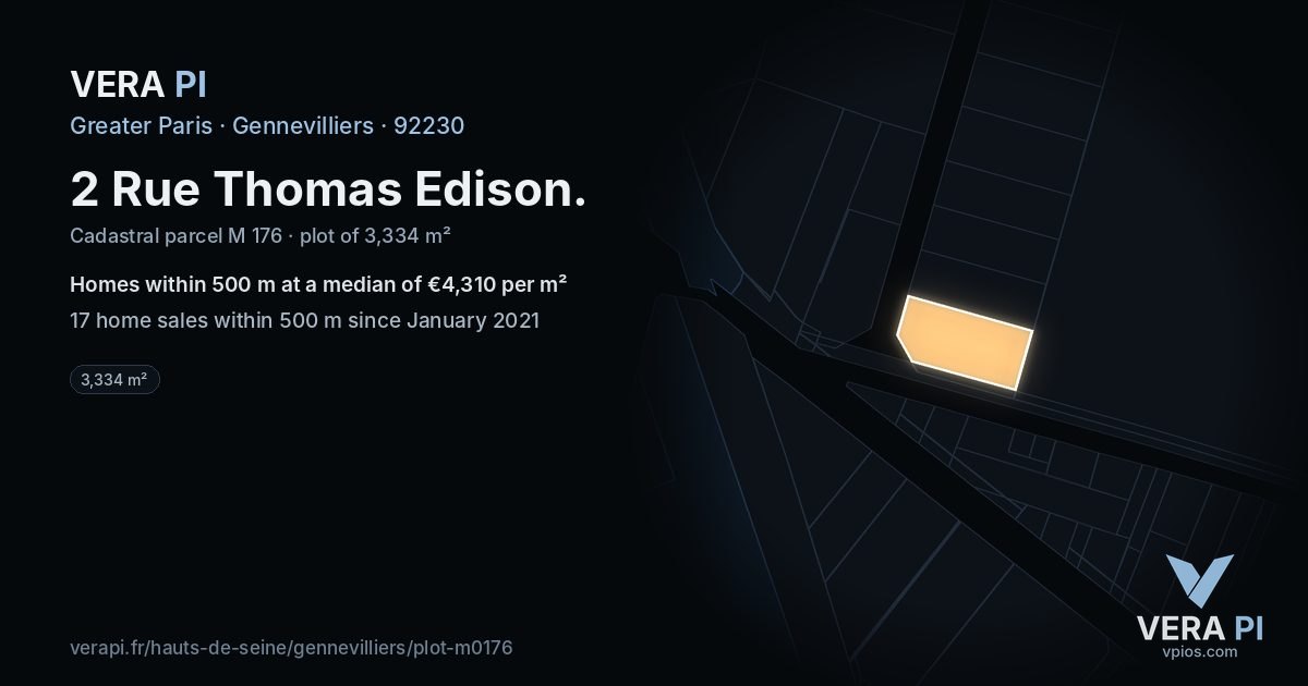 2 Rue Thomas Edison, Gennevilliers at night – the plot lit, the parcels around coloured by the prices near them