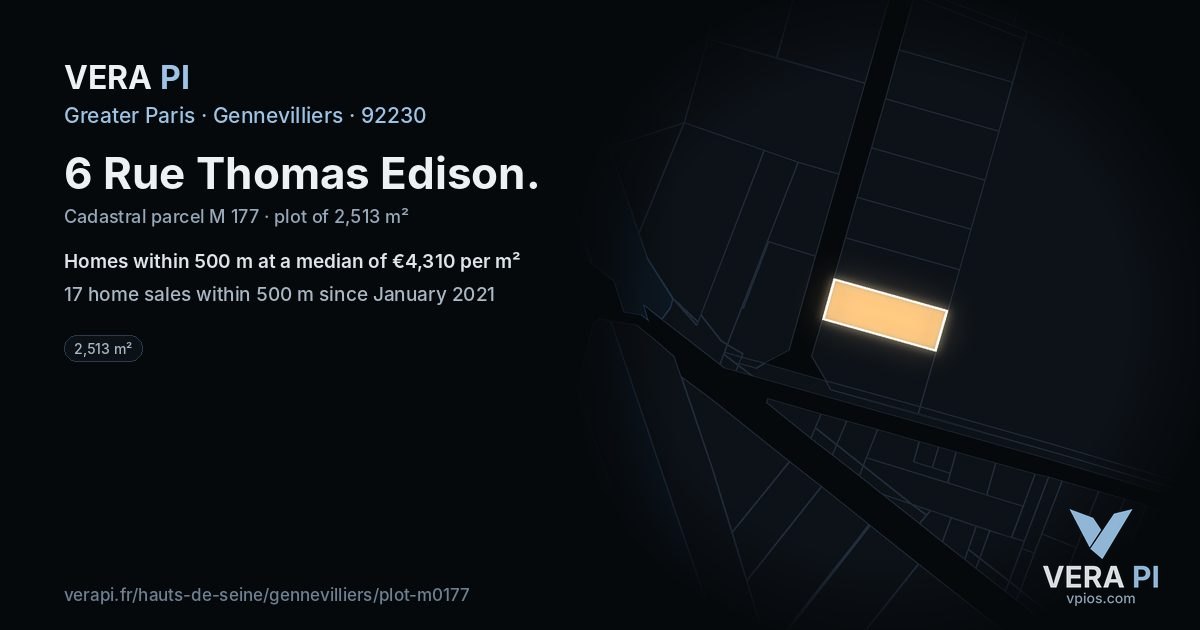 6 Rue Thomas Edison, Gennevilliers at night – the plot lit, the parcels around coloured by the prices near them
