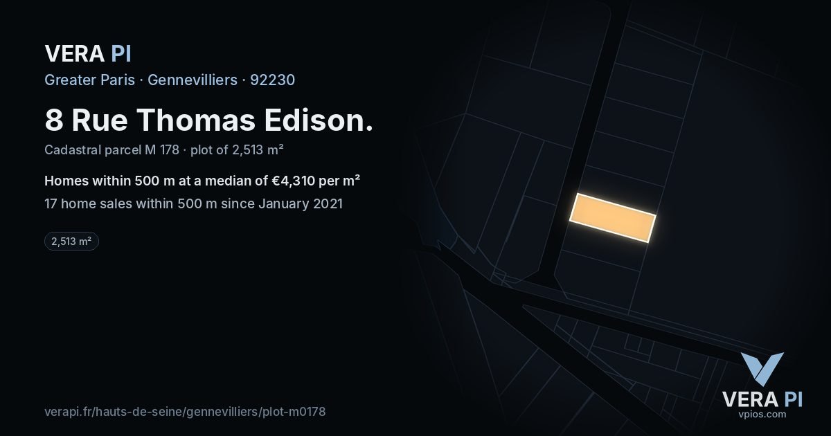 8 Rue Thomas Edison, Gennevilliers at night – the plot lit, the parcels around coloured by the prices near them