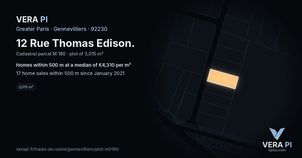 12 Rue Thomas Edison, Gennevilliers at night – the plot lit, the parcels around coloured by the prices near them