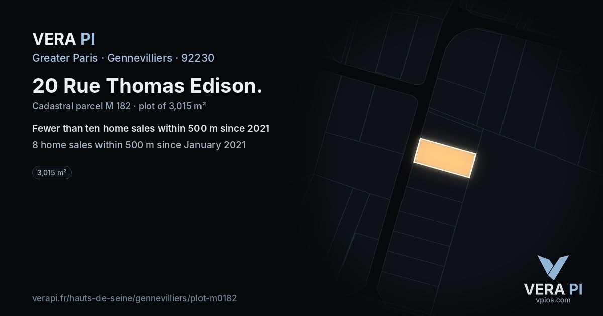 20 Rue Thomas Edison, Gennevilliers at night – the plot lit, the parcels around coloured by the prices near them