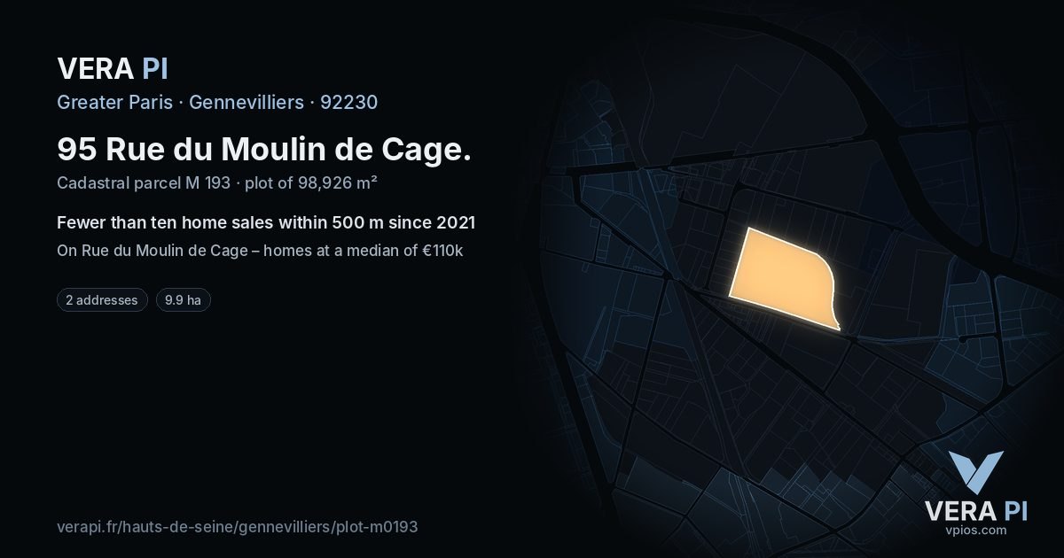 95 Rue du Moulin de Cage, Gennevilliers at night – the plot lit, the parcels around coloured by the prices near them