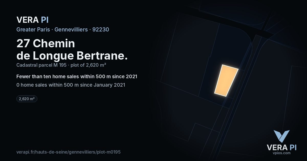 27 Chemin de Longue Bertrane, Gennevilliers at night – the plot lit, the parcels around coloured by the prices near them