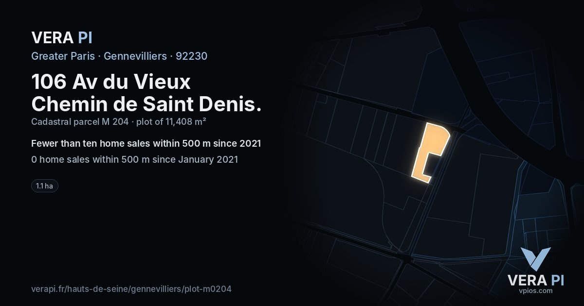 106 Av du Vieux Chemin de Saint Denis, Gennevilliers at night – the plot lit, the parcels around coloured by the prices near them