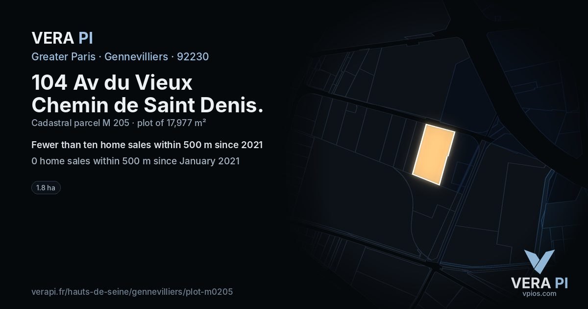 104 Av du Vieux Chemin de Saint Denis, Gennevilliers at night – the plot lit, the parcels around coloured by the prices near them