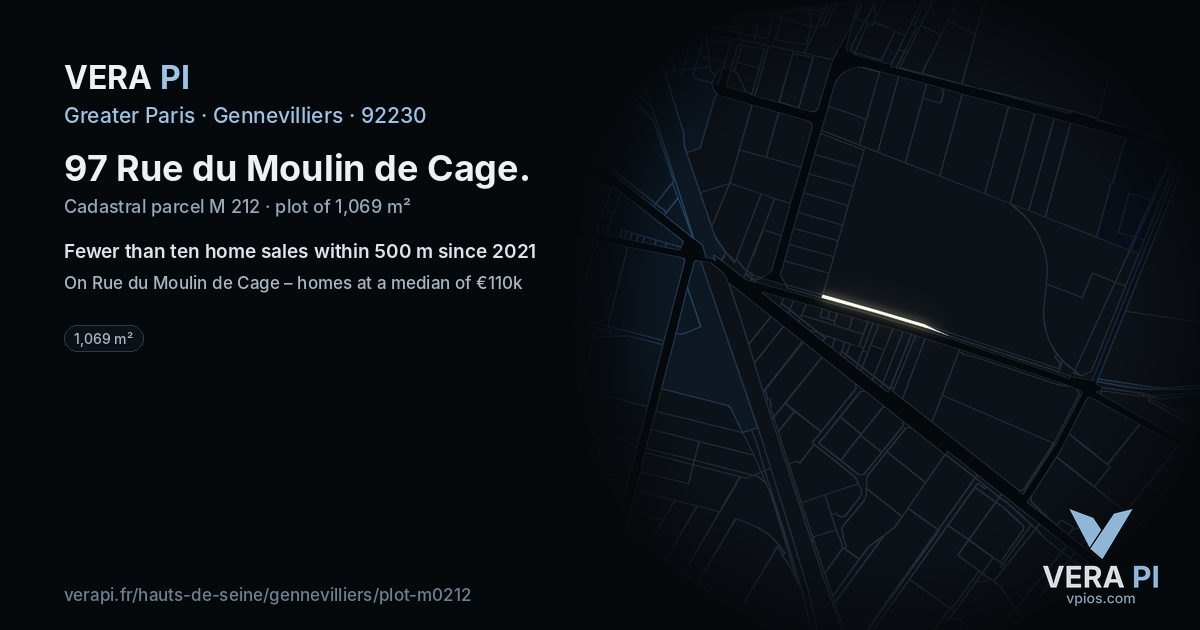 97 Rue du Moulin de Cage, Gennevilliers at night – the plot lit, the parcels around coloured by the prices near them