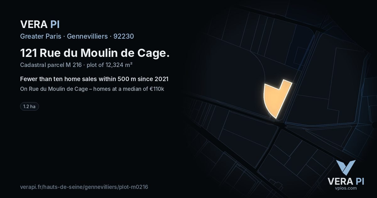 121 Rue du Moulin de Cage, Gennevilliers at night – the plot lit, the parcels around coloured by the prices near them