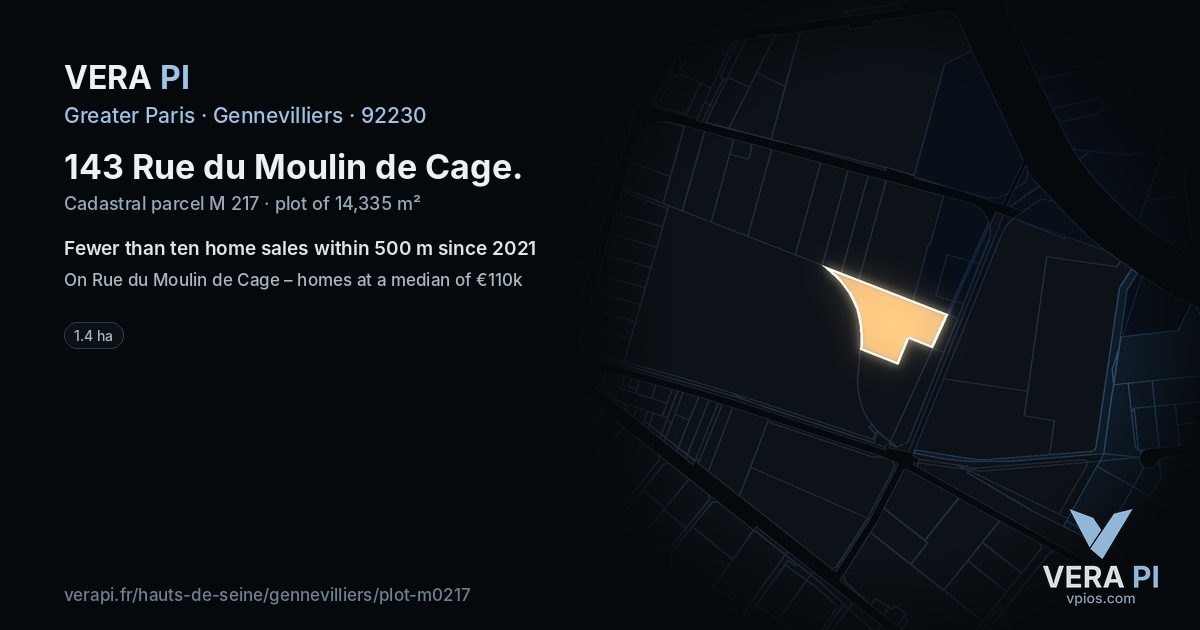 143 Rue du Moulin de Cage, Gennevilliers at night – the plot lit, the parcels around coloured by the prices near them