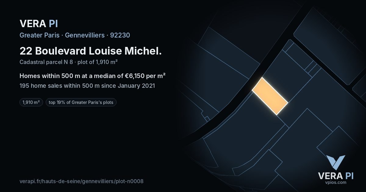 22 Boulevard Louise Michel, Gennevilliers at night – the plot lit, the parcels around coloured by the prices near them