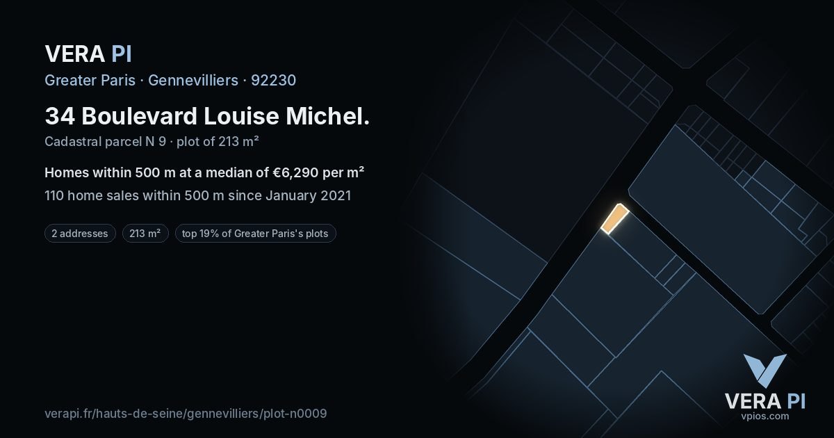 34 Boulevard Louise Michel, Gennevilliers at night – the plot lit, the parcels around coloured by the prices near them
