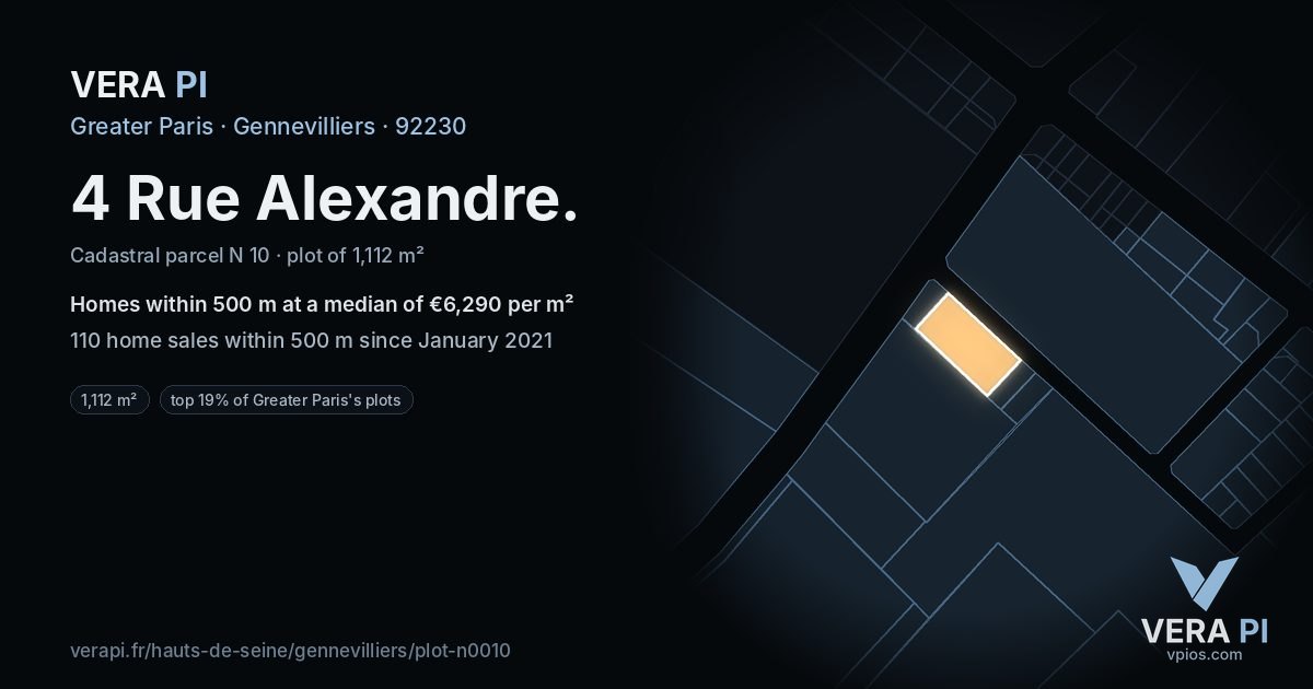 4 Rue Alexandre, Gennevilliers at night – the plot lit, the parcels around coloured by the prices near them