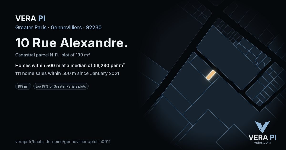 10 Rue Alexandre, Gennevilliers at night – the plot lit, the parcels around coloured by the prices near them
