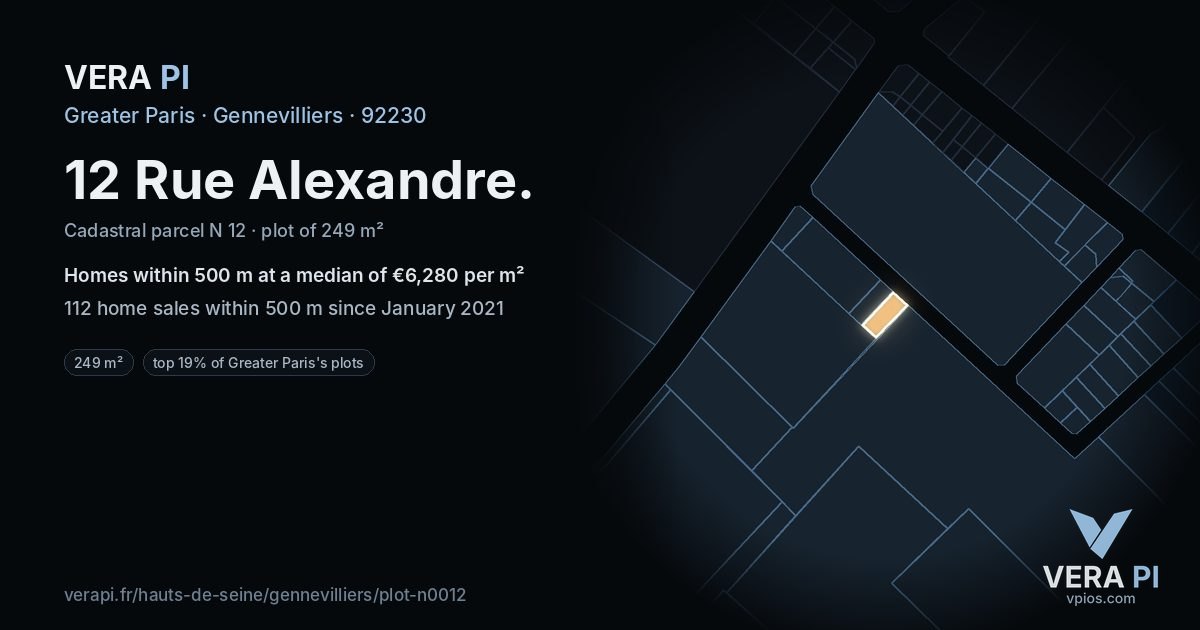 12 Rue Alexandre, Gennevilliers at night – the plot lit, the parcels around coloured by the prices near them