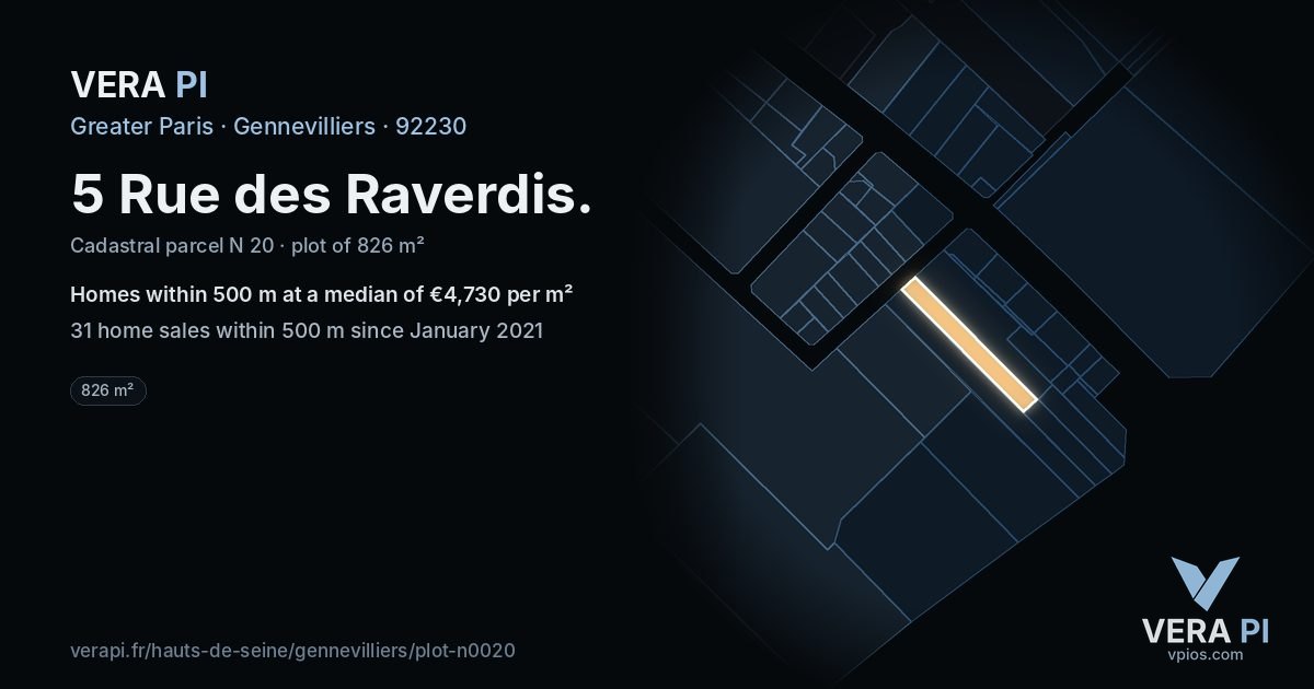 5 Rue des Raverdis, Gennevilliers at night – the plot lit, the parcels around coloured by the prices near them