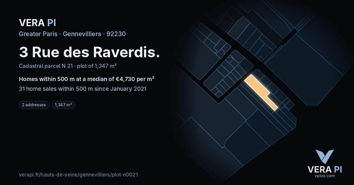 3 Rue des Raverdis, Gennevilliers at night – the plot lit, the parcels around coloured by the prices near them