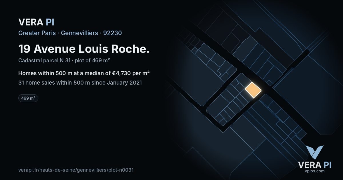 19 Avenue Louis Roche, Gennevilliers at night – the plot lit, the parcels around coloured by the prices near them