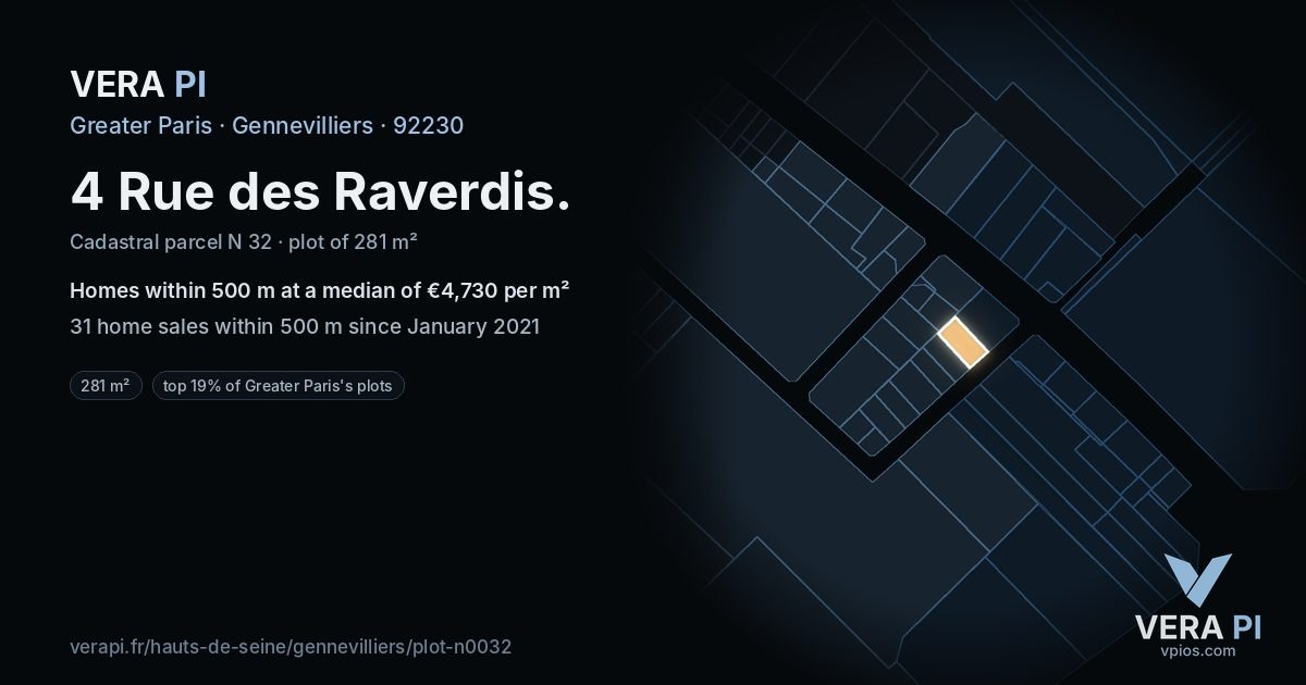 4 Rue des Raverdis, Gennevilliers at night – the plot lit, the parcels around coloured by the prices near them